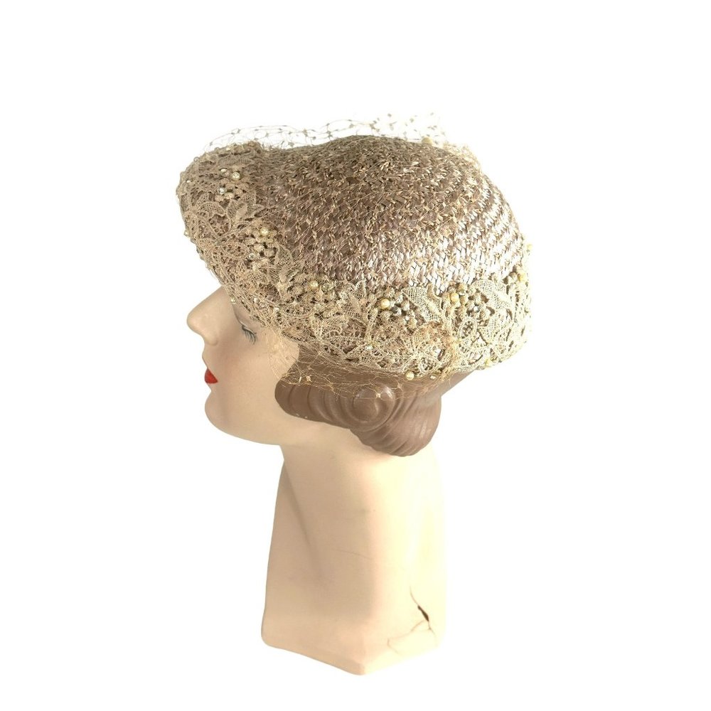 1950s straw hat blush pink with lace and pearls
